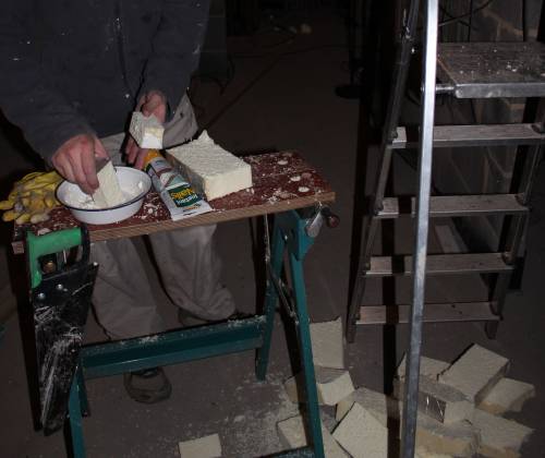 Insulation foam cut into blocks and glue applied to ends