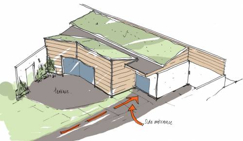 Sketch showing the front door and living area